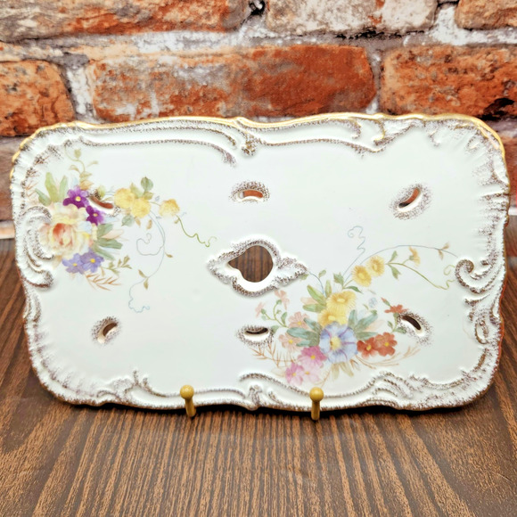 Royal Bonn Germany Pierced Vanity Tray 11” Floral Gilt Corset Stay Holder - Picture 1 of 11